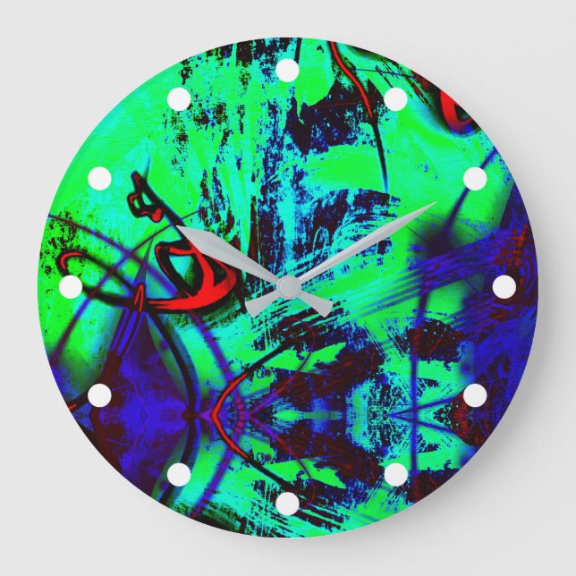 Neon Green und Blue Abstrakt Pattern Große Wanduhr (Vorderseite)