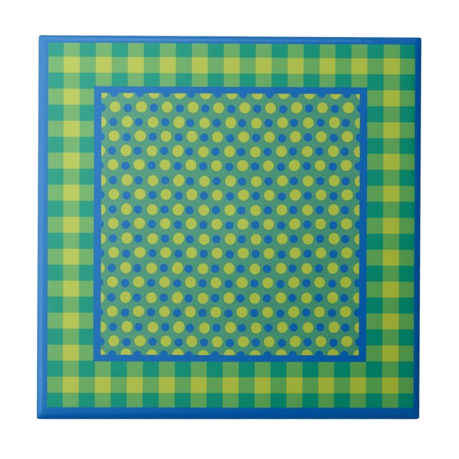 Neon Green und Blue Polka Dots on Emerald, Karo Fliese (Vorderseite)