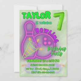 Neon Green und Lila Kids Bowling Birthday Party Einladung