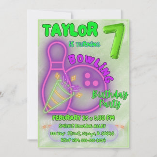 Neon Green und Lila Kids Bowling Birthday Party Einladung