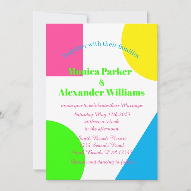 Neon Green Yellow Pink Blue Moderne Retro Hochzeit Einladung (Vorderseite)