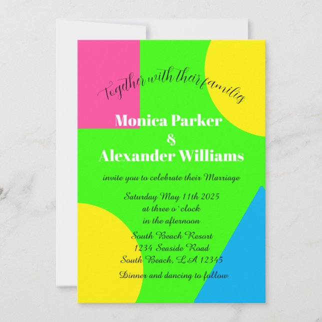 Neon Green Yellow Pink Blue Moderne Retro Hochzeit Einladung (Vorderseite)