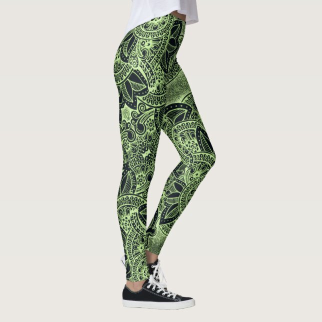 Neon Green Yoga Zen Floral Paisley Mandala Pattern Leggings (Rechts)