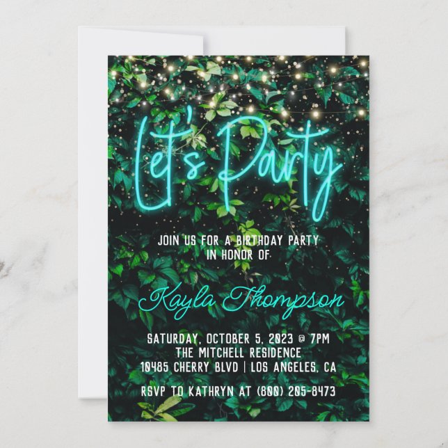 Neon Greenery Green Wall Lasst uns Party Einladung (Rückseite)