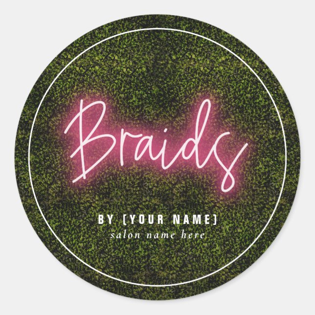 Neon Greenery Hair Salon Business Braids Runder Aufkleber (Vorderseite)