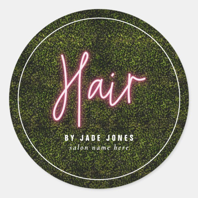 Neon Greenery Hair Salon Business Cosmetologe Runder Aufkleber (Vorderseite)