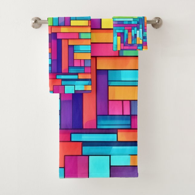 Neon Grid - Abstraktes Mosaik Badhandtuch Set (Insitu)