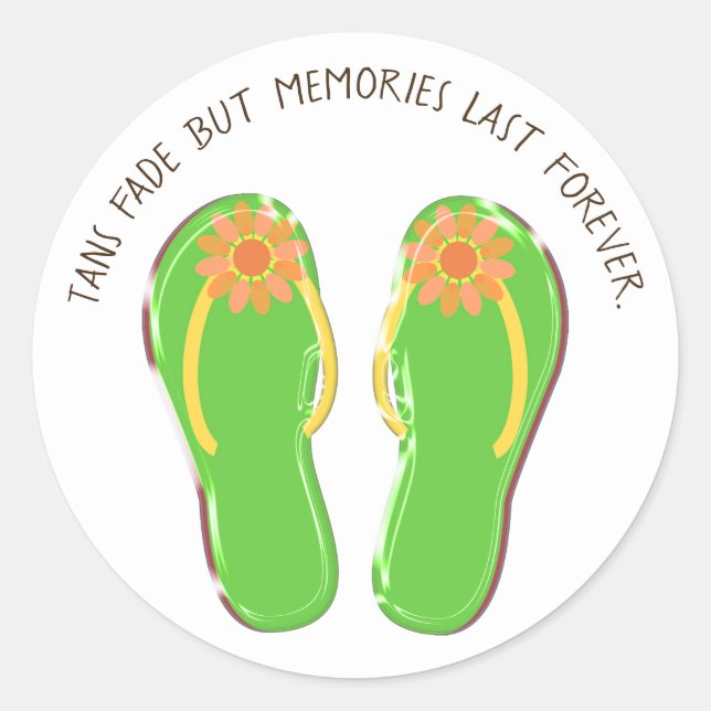 Neon-grüne Flip-Flops mit Blume und Zitat Runder Aufkleber (Vorderseite)