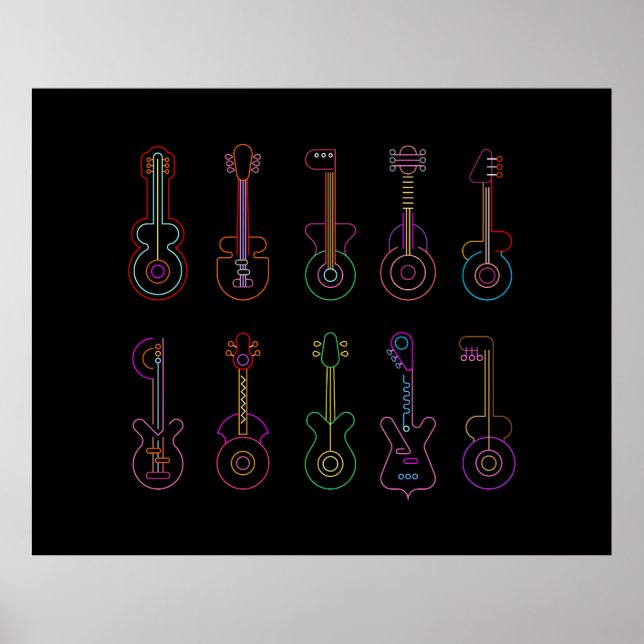 Neon Guitars mit schwarzem Hintergrund Poster (Vorne)