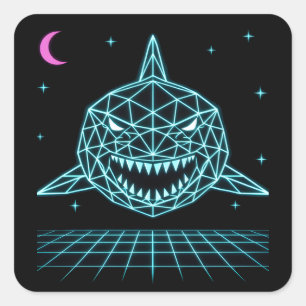 Neon-Hai-Synthwave - Retro-Ozean-Raubtier Quadratischer Aufkleber