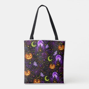 Neon Halloween Black Cat and Ghost Tote Bag Tasche