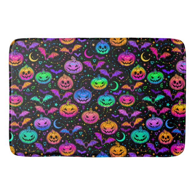 Neon Halloween Jack=O=Lanterns Fledermäuse und Ste Badematte (Vorderseite)