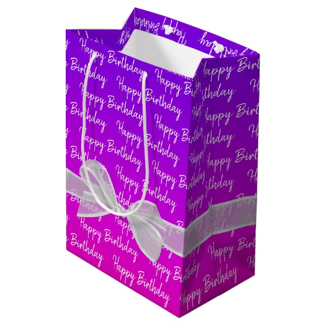 Neon Happy Birthday mit weißem Bow Mittlere Geschenktüte (Rückseite Schrägansicht)
