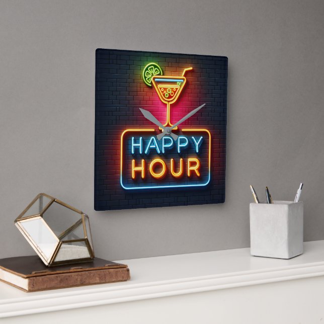Neon Happy Hour Sign Quadratische Wanduhr (Büro)