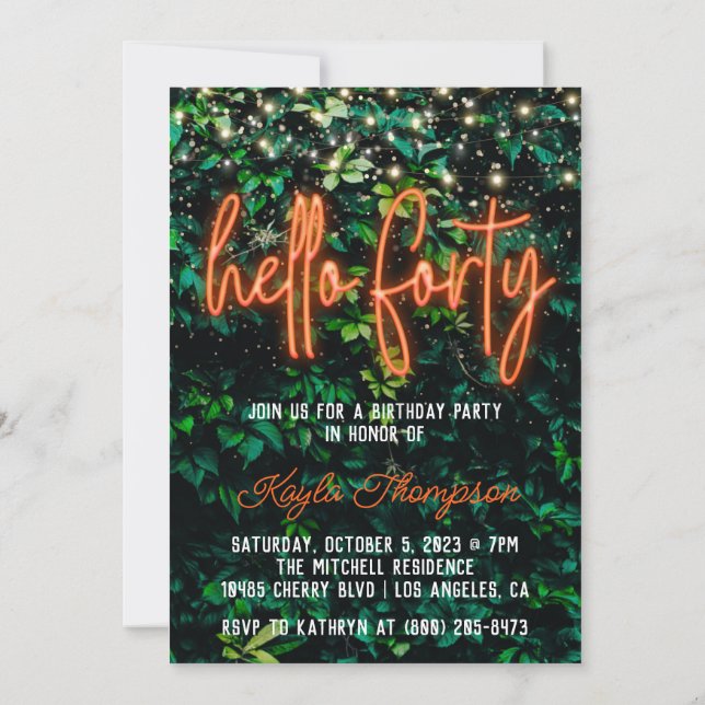 Neon Hello 40. Geburtstagsfeier Party Einladung (Rückseite)