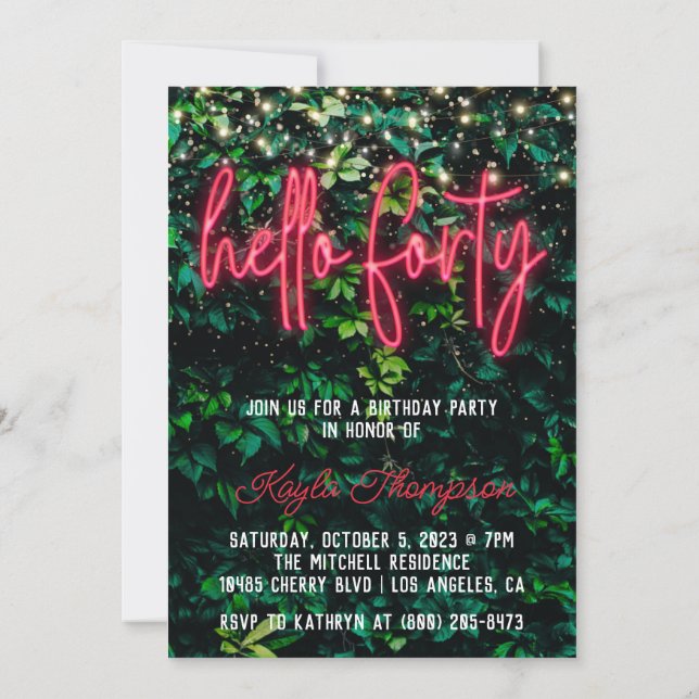 Neon Hello 40. Geburtstagsfeier Party Einladung (Rückseite)