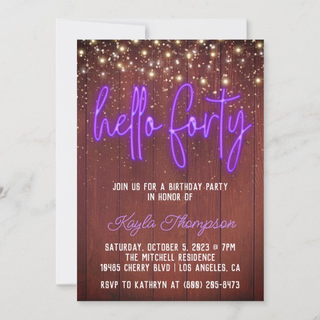 Neon Hello Quarty Wooden Birthday Invitation (Dos)