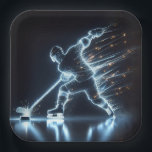 Neon Hockey Player auf Eis Pappteller<br><div class="desc">Ein dynamischer Neonhockeyspieler, der mit einem Hockeystick mit glitzernden, dramatischen Leichtlaufbahnen einen Puck abspielt</div>