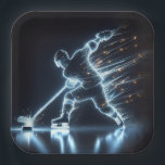 Neon Hockey Player auf Eis Pappteller<br><div class="desc">Ein dynamischer Neonhockeyspieler, der mit einem Hockeystick mit glitzernden, dramatischen Leichtlaufbahnen einen Puck abspielt</div>