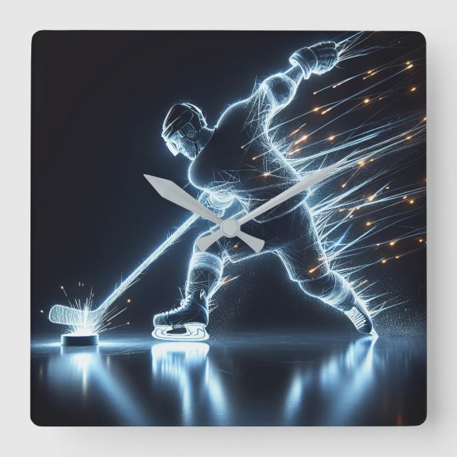 Neon Hockey Player auf Eis Quadratische Wanduhr (Vorderseite)