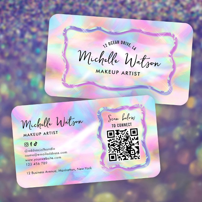 Neon Holographic Iridescent Beauty Salon QR Code Visitenkarte (Neon effect business cards with custom QR code, trendy fonts and holographic style background)