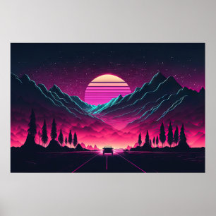 Neon Horizons: Ein Synthwave-Mountain-Drive Poster