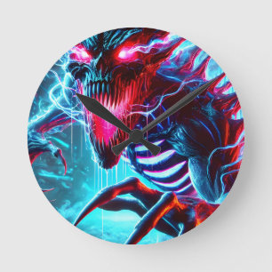 Neon-Horror-Monster-glühende Augen Cyberpunk-Dunkl Runde Wanduhr