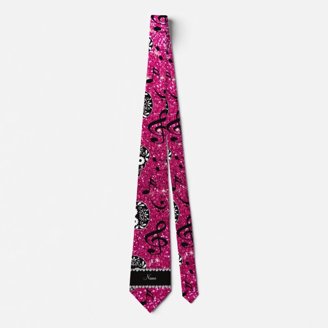 Neon Hot Pink Glitzer Musiknoten Zuckerschädel Krawatte (Vorderseite)