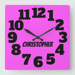 Neon Hot Pink Große Zahlen Quadratische Wanduhr