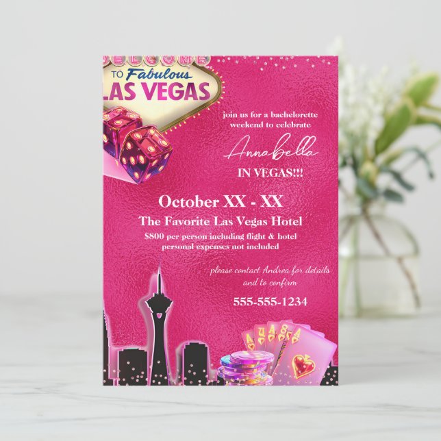 Neon Hot Pink Las Vegas Skyline Einladung (Stehend Vorderseite)