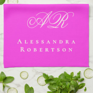Neon-Hot-Pink-Monogramm-Name Minimalistisch Fett L Geschirrtuch