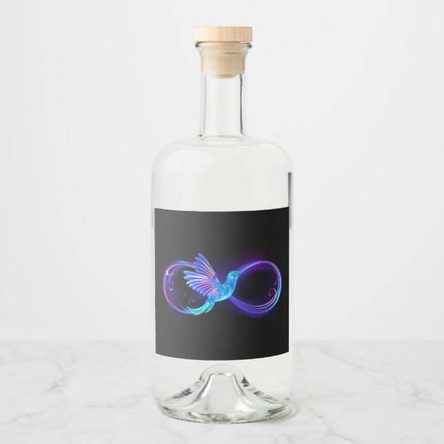 Neon Infinity Symbol mit dem leuchtenden Hummingbi Alkoholflaschenetikett (Vorderseite)