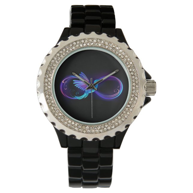 Neon Infinity Symbol mit dem leuchtenden Hummingbi Armbanduhr (Vorderseite)