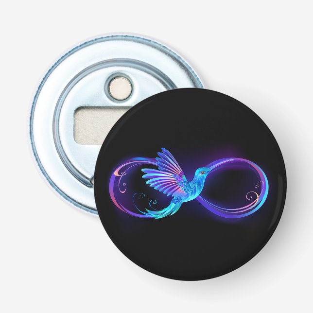 Neon Infinity Symbol mit dem leuchtenden Hummingbi Flaschenöffner (Vorderseite)
