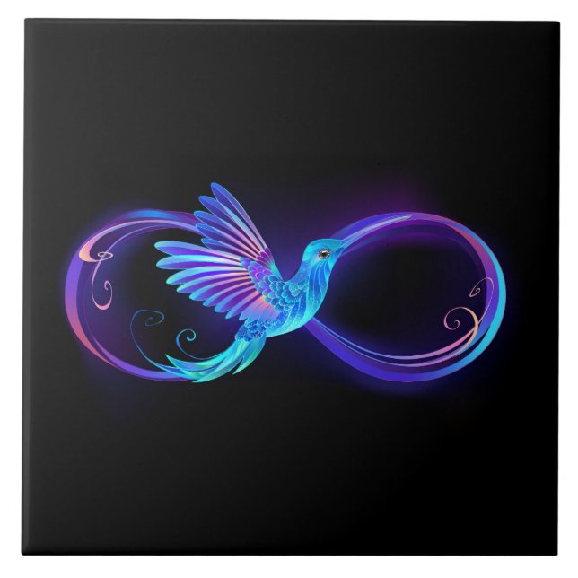 Neon Infinity Symbol mit dem leuchtenden Hummingbi Fliese (Vorderseite)