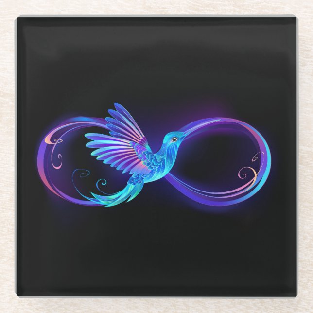Neon Infinity Symbol mit dem leuchtenden Hummingbi Glasuntersetzer (Vorderseite)