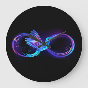 Neon Infinity Symbol mit dem leuchtenden Hummingbi Große Wanduhr