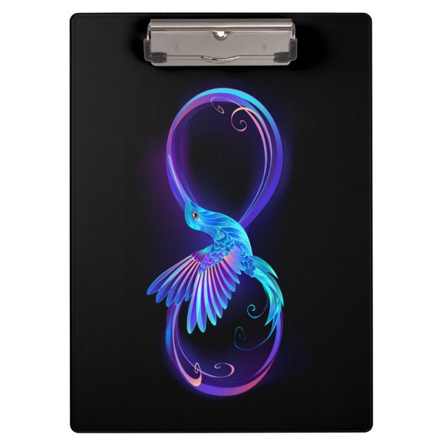 Neon Infinity Symbol mit dem leuchtenden Hummingbi Klemmbrett (Vorderseite)
