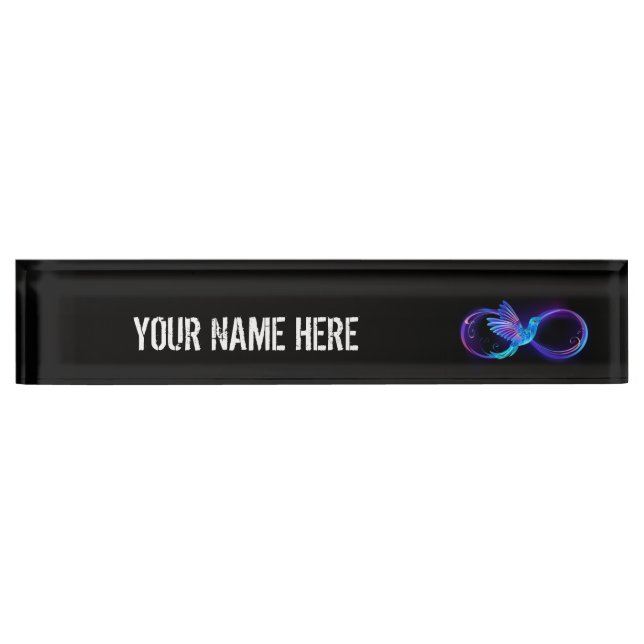 Neon Infinity Symbol mit dem leuchtenden Hummingbi Namensplakette (Vorderseite)