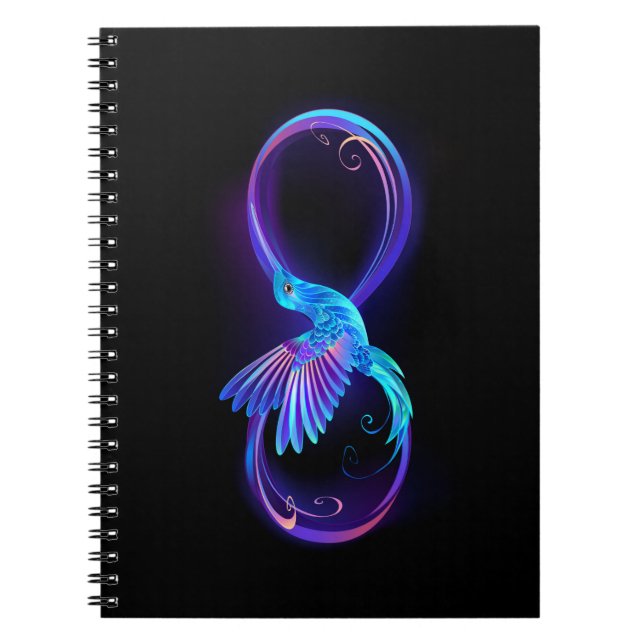 Neon Infinity Symbol mit dem leuchtenden Hummingbi Notizblock (Vorderseite)