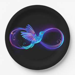 Neon Infinity Symbol mit dem leuchtenden Hummingbi Pappteller