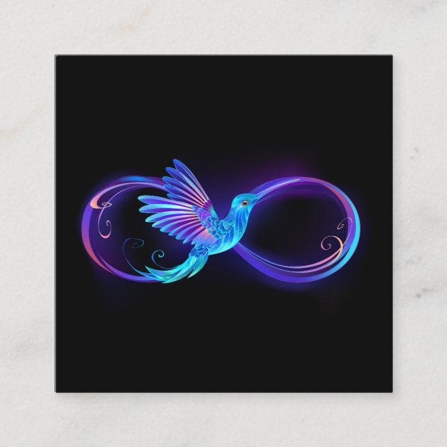 Neon Infinity Symbol mit dem leuchtenden Hummingbi Quadratische Visitenkarte (Vorderseite)