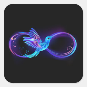 Neon Infinity Symbol mit dem leuchtenden Hummingbi Quadratischer Aufkleber