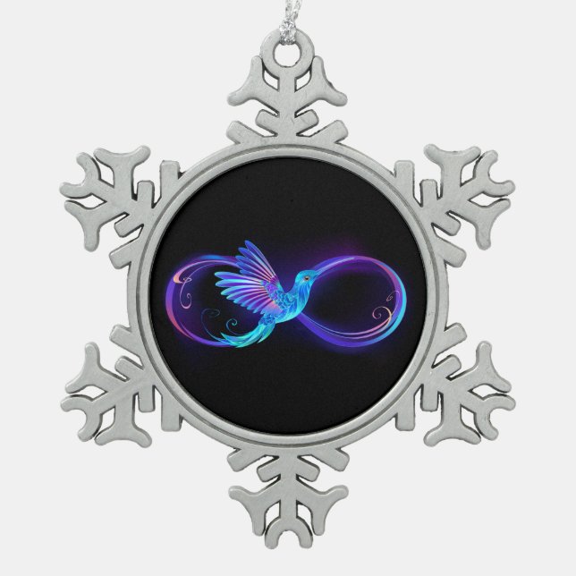 Neon Infinity Symbol mit dem leuchtenden Hummingbi Schneeflocken Zinn-Ornament (Vorderseite)