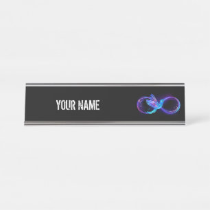 Neon Infinity Symbol mit dem leuchtenden Hummingbi Schreibtischnamensplakette