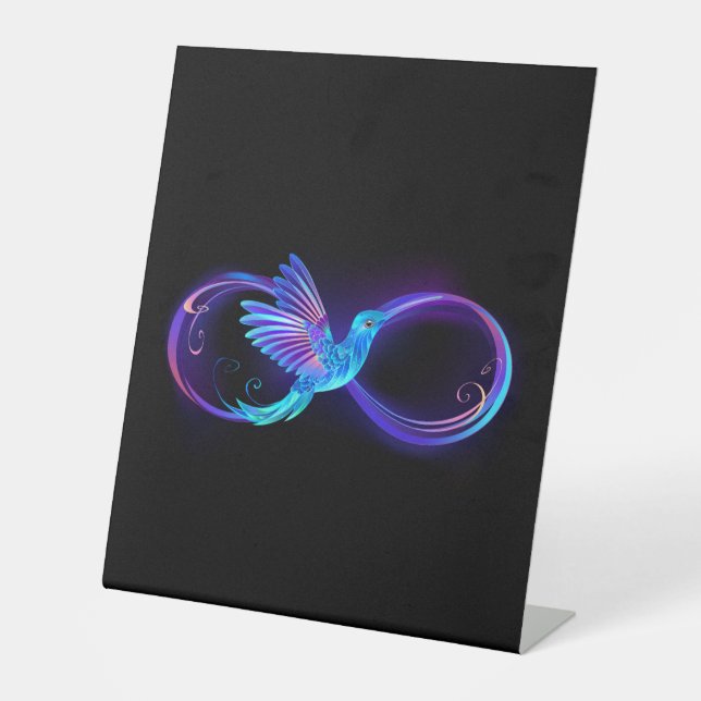 Neon Infinity Symbol mit dem leuchtenden Hummingbi Sockelschild (Vorderseite)