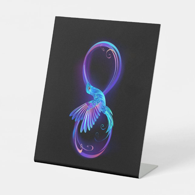Neon Infinity Symbol mit dem leuchtenden Hummingbi Sockelschild (Vorderseite)