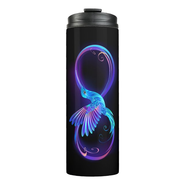Neon Infinity Symbol mit dem leuchtenden Hummingbi Thermosbecher (Vorderseite)