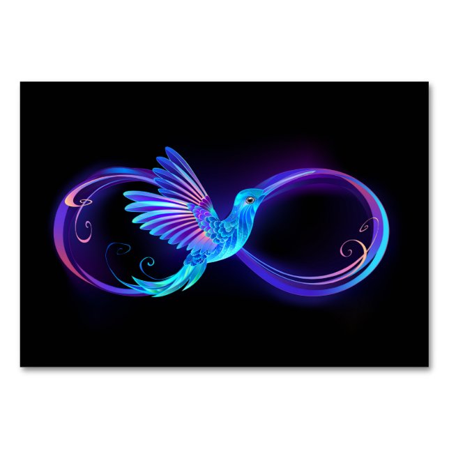 Neon Infinity Symbol mit dem leuchtenden Hummingbi Tischnummer (Vorderseite)