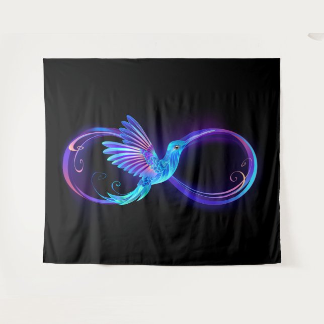 Neon Infinity Symbol mit dem leuchtenden Hummingbi Wandteppich (Vorderseite (Horizontal))